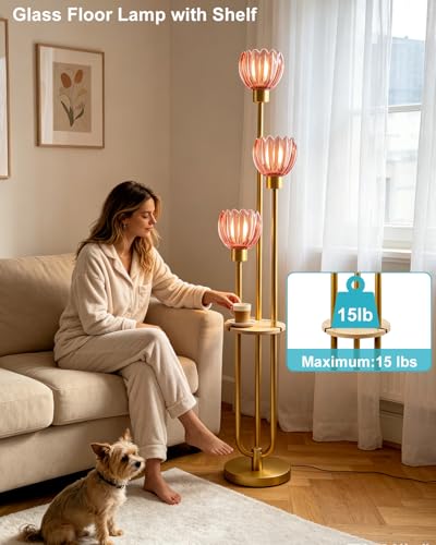 Image of Lightdot 3-Lights Glass Floor Lamp for Living Room Modern Gold Floor Lamps with Lotus Deep Red Glass Shade& Bulbs Included for Wedding /Party Tall Standing Lamp for Bedroom /Sofa Beside /Corner Decor