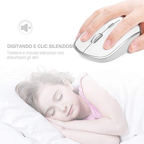 JOYACCESS Tastiera e Mouse Wireless,Slim Compatto Tastiera Wireless con Numerica,2.4Ghz Stabile,Mouse Ergonomico Silenziosa Portatile da 2400 DPI per PC,Computer,Laptop(QWERTY Italiano)-Argento Bianco