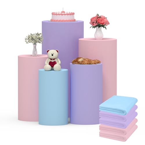 Set of 5 Cylinder Pedestal Covers, Multicolor Cylinder Stands Cover for Party Cylinder Covers for Birthday Wedding Parties Dessert Tables Decor Blue+ Purple+ Pink+ Pink+ Purple S+M+L+XL+XXL