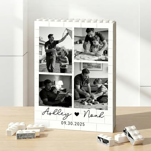 Cadeau Fête des Pères Personnalisé, Bloc de Construction Double Couche avec Photo, Texte & Nom, ABS Brique de Construction Verticale à Construire, Cadeau Anniversaire Original pour Papa Papy Homme