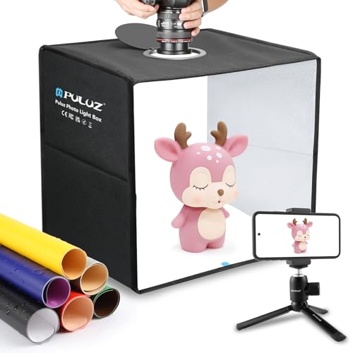 Photo Studio Light Box 16inch PULUZ 40cm Portable Photography Light Box Foldable Shooting Tent Box Photo Lightbox, With 3 Color Temperature Dimmable Ring LED Light 12-color backdrop Photography Booth