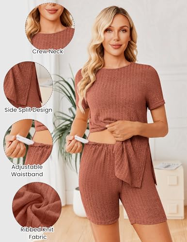 Image of Ekouaer Maternity Sets 2 Piece Outfits Ribbed Knit Short Sleeve Shirts and Biker Shorts Pregnancy Loungewear Mama Clothes