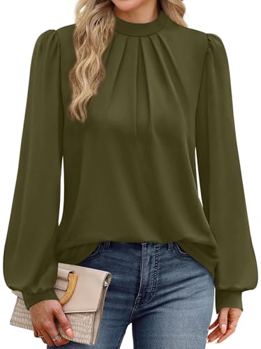 Image of WIHOLL Long Sleeve Shirts for Women Mock Neck Tops Pleated Front Blouses Dressy Casual Spring Fall Clothes 2026 Fashion