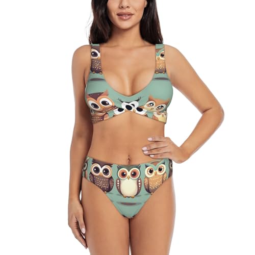 Maillot de bain 2 pièces femme contrôle du ventre haut bikini chouettes