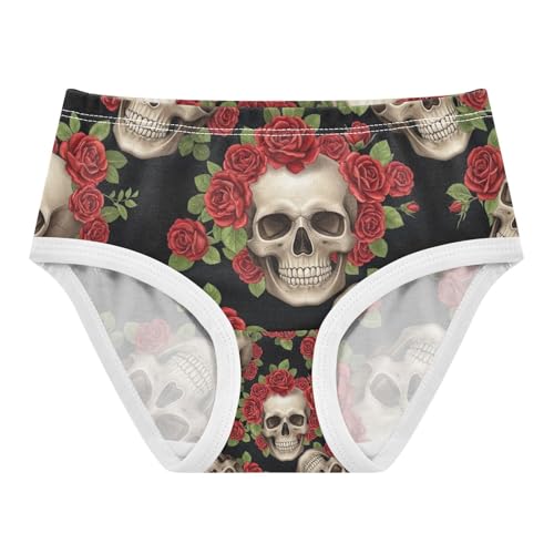 Skulls Vibrant Red Roses Toddler Cotton Underwear, Girls Underwear Cotton, 2T–8 Years