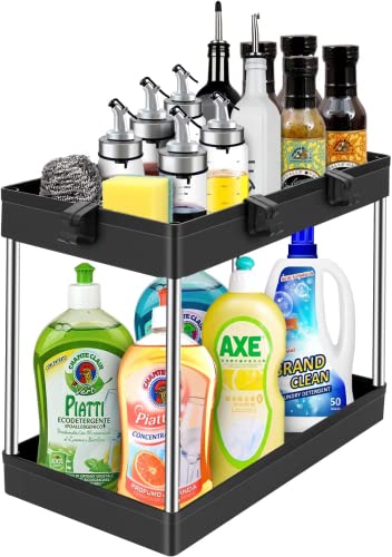 GUJIN Étagère de lavabo à 2 étages, avec 4 crochets, étagère sur pied, étagère de cuisine, étagère de douche, organiseur de plan de travail, organiseur d'épices Cover