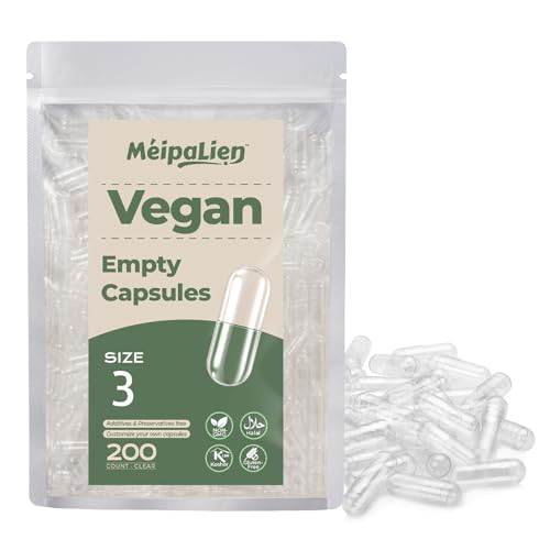 Cápsulas Vacías Veganas Tamaño 3-200 piezas, Cápsulas Vegetales Transparentes y Sin Sabor, Sin Alérgenos, Certificación Halal y Sin OMG, Aptas para Suplementos Nutricionales, Con 2 microcucharas
