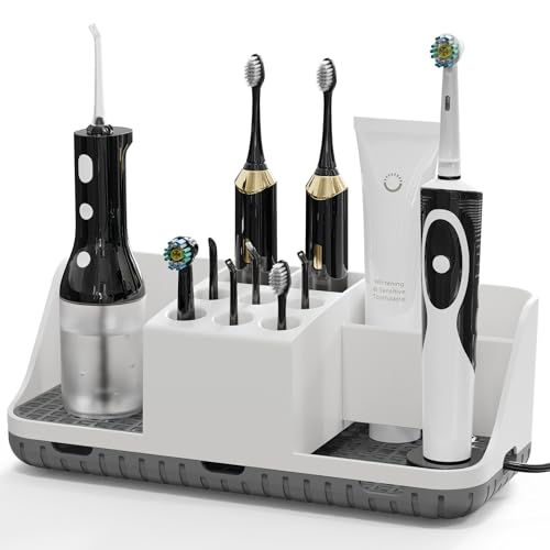 Boperzi Electric Toothbrush Holders with Cord Slots: Detachable Toothbrush and Toothpaste Holders Large Tooth Brush Storage Caddy Set Drainage Anti-Slip Bathroom Counter Organizer for Family Kids