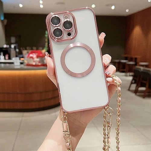 Coque cordon iPhone 12 Pro transparente antichoc rose avec lanière bandoulière