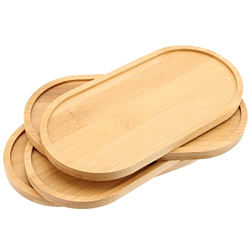 JEUIHAU 4 Pcs Oval Bamboo Tray, Small Wooden Trays, 17.5 x 8.8 x 1cm Wood Serving Tray for Display, Food Grade Oval Platters for Coaster, Fruits, Tea, Coffee, Desserts