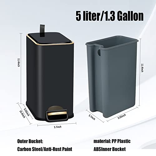 Small Bathroom Trash Can With Lid-5L/1.3 Gal Stainless Steel Step Pedal Trash Can Slim Metal Wastebasket-Narrow Rectangle Garbage Container Bin/W Inner Bucket For Kitchen Bedroom Office Toilet-Black #TOP4
