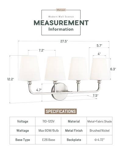 Image of Bathroom Light Fixtures, 4 Light Vanity Lights with Flared White Fabric Shade, 28 Inch Brushed Nickel Wall Sconce, Modern Sconces Wall Lighting for Hallway Bedroom, VL837-BN-4