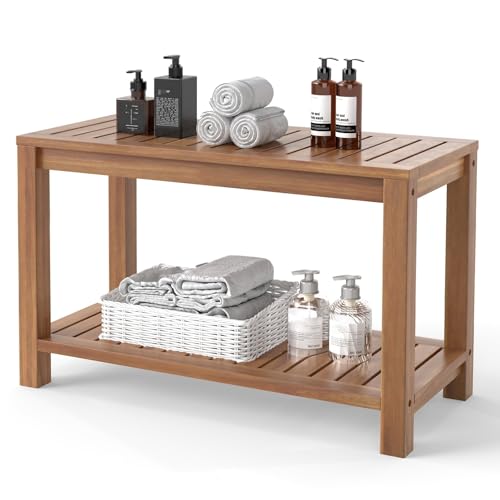 Giantex Teak Shower Bench with Shelf, 30 Inch Shower Stool with Slatted Seat for Elderly Seniors, Waterproof Bathroom Spa Bathing Seat Foot Rest Entryway Bench for Indoor and Outdoor Use