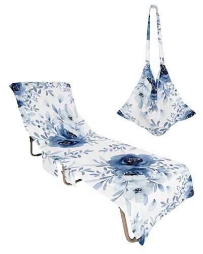 Blue Spring Floral Beach Lounge Chair Towel Cover, Soft Chaise Lounge Towel with Side Pockets Patio Pool Chairs Cover for Beach/Pool Sunbathing 29x85 Summer Flowers Watercolor Botanical