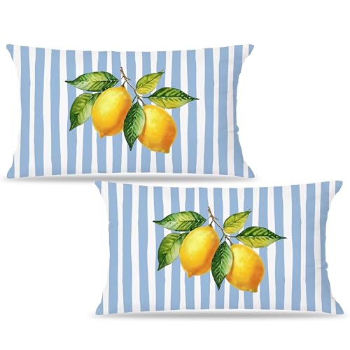 Image of Summer Blue and Yellow Italian Mediterranean Amalfi Coast Lemon Pillow Cover Decor 12x20,Italian Striped Decorative Throw Pillow Cover Decor for Couch Double-Sided Set of 2