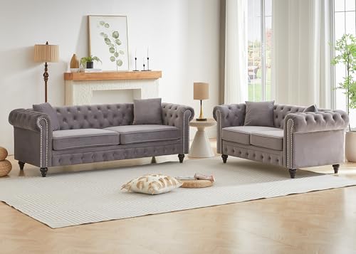 Image of 2 Piece Living Room Sofa Set, Velvet Button Tufted Couch and Loveseat Set with Nailhead Trim&Roll Armrests, Mid Century Modern Chesterfield Sofa for Living Room, Office(Loveseat+3 Seater, Light Grey)