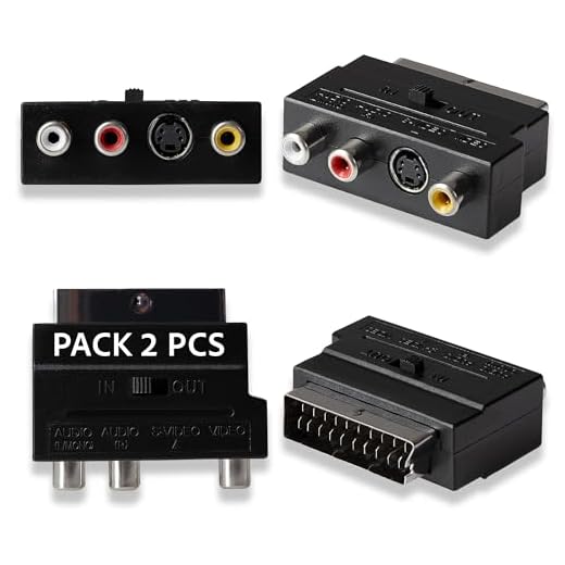 Pack de 2 adaptadores Euroconector SCART a RCA y S-Video con conmutador bidireccional | Compatible con TV, VHS, DVD, y consolas retro | Conexión fácil con 2x audio, 1x video y 1x S-Video | Adaptador