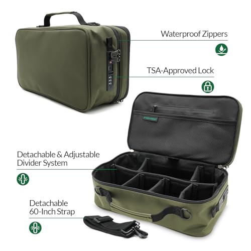 Large Storage Case with TSA Combination Lock Bag, Portable Carbon Lined, XL Medicine Lockable Box for Travel & Home Secured Box Organizer Divider Jars Accessories, Removable Tray (Green)2