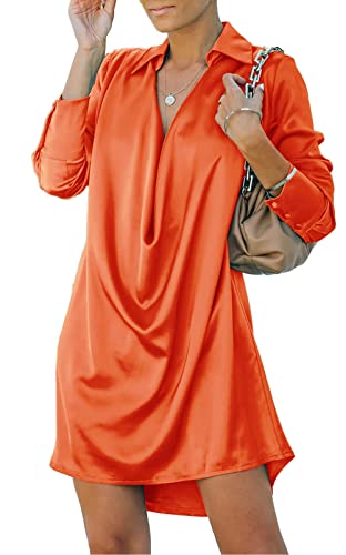 Halfword Orange Satin Dress For Women Sexy Casual Deep V Neck Long Sleeve Button Down Loose Mini T Shirt Dresses Xl #TOP3