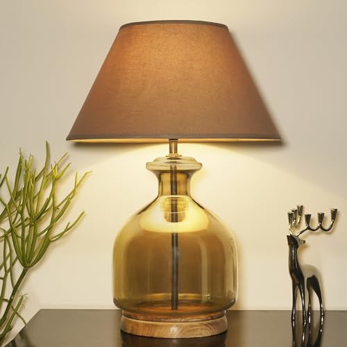 Image of Alper Smoke Luster Glass Table Lamp with Beige Cotton Shade | Modern Designer Bedside & Living Room Decorative Table Light (Bulb Included)