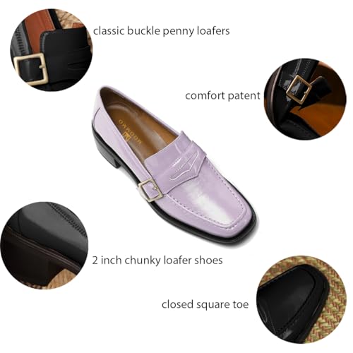 Image of MOOMMO Women Chunky Heel Penny Loafers Square Toe Buckle Slip On Comfort | Office Ladies Loafer Pumps 2 inch Stacked Block Heel Dress Loafers Oxfords Walking Dress Shoes Casual Size 4-11 M US