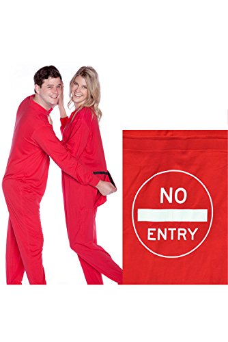 Red Union Suit Onesie Pajamas with Funny Butt Flap NO Entry for Men & Women2