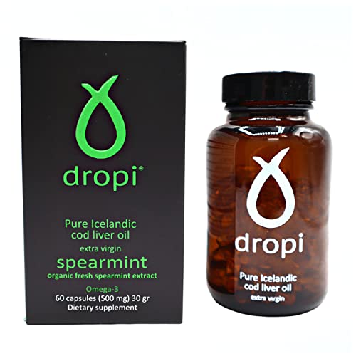Dropi Pure Icelandic Cod Liver Oil Capsules - Extra Virgin - Organic Fresh Spearmint Extract - Cod Liver Oil Softgels Naturally Rich in Super Omega 3 Fatty Acids Vitamin A Vitamin D - 60 Ct (500mg)
