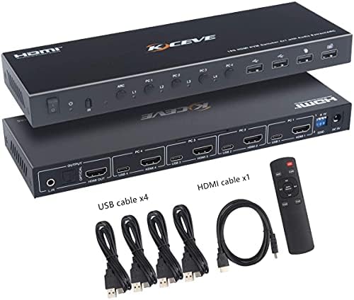 KVM Switch HDMI 4 Port Support 4K@60Hz 2K@120Hz Simulation EDID,Hotkey KVM Switch for 4 Computers Share 1 Monitor and 4 USB Port,with Remote Control and KVM Cables