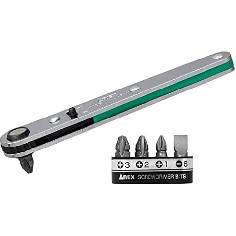 ANEX Ultra Low Profile Offset Ratcheting Screwdriver 90 Degree Angled For Tight Area (Magnetic 5 Bits Set) Straight Flathead, Green Cover