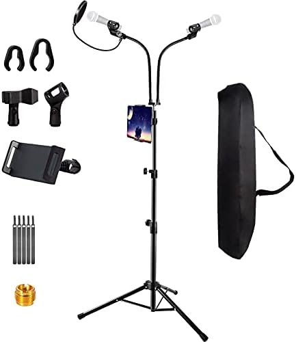 Double Gooseneck Microphone Stand for Singing,Height up to 6 Feet Heavy Duty Tripod Mic Stands with Mic Clip Holders,Mic Stand with Two Bendable Arms and Phone Holder for Performance, Karaoke Singing