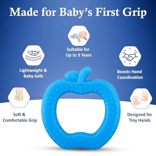 Image of MamaLaps Soft Silicone Baby Teether, Silicone BPA Free Teethers for Newborn Infant, Teething Toy for Babies with Textured Surface for Soothing Gums (Pack of 1, Apple-Blue)