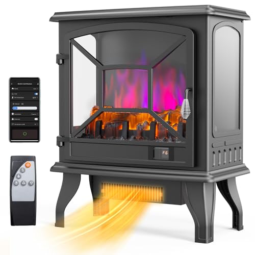 ROVSUN Electric Fireplace Stove, 23''H Freestanding Heater with Realistic Flame Effect, APP & Remote Control, Timer, Adjustable Temp, Overheat & Tip-Over Protection for Bedroom Living Room, 1400W