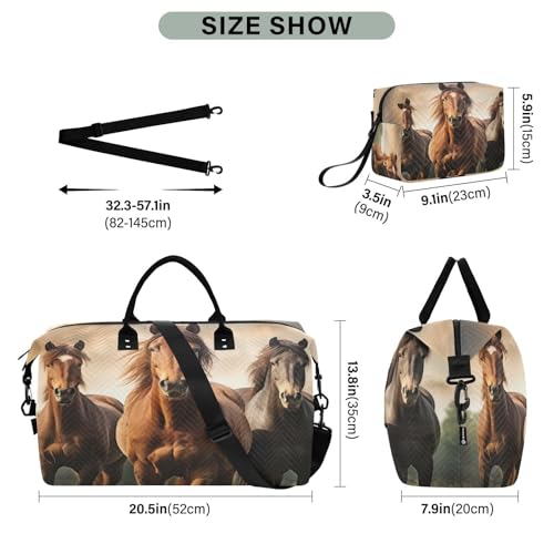 Weekender Bags for Women,Foldable Horse Travel Duffel Bag with Trolley Sleeve Travel Tote Gym Bag with Toiletry Bag3