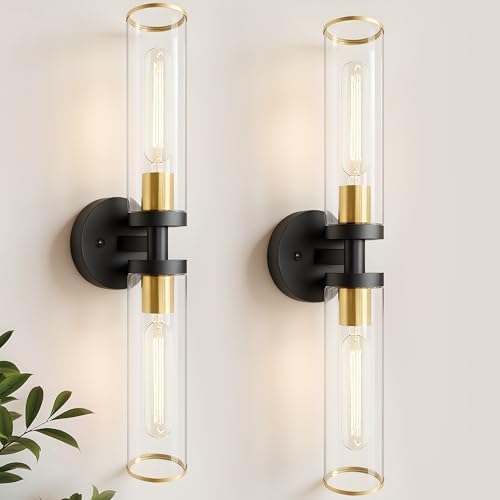 Upgraded Bathroom Sconces,Black and Gold Wall Sconces Set of Two,Modern Wall Sconce with Clear Glass,Hardwired Wall Light Fixtures for Bathroom Mirror Hallway Bedroom Living Room