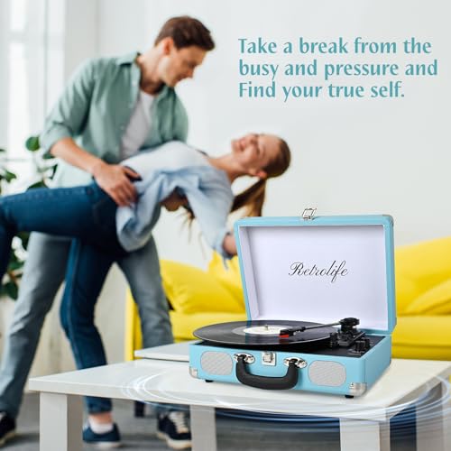 Image of Vinyl Record Player 3-Speed Bluetooth Suitcase Portable Belt-Driven Record Player with Built-in Speakers RCA Line Out AUX in Headphone Jack Vintage Turntable