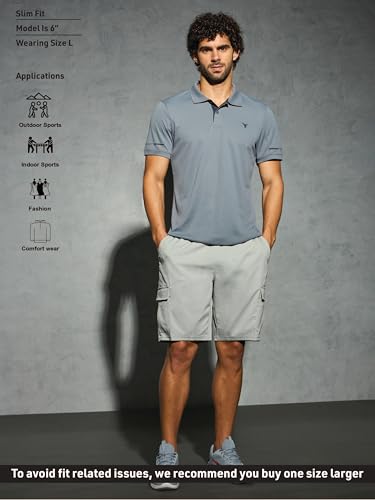 Image of TECHNOSPORT Men's Solid Slim Fit Polo Collar T-Shirt TECHNOCOOL+ Half Sleeve Button Polyester for Gym Running Workout UPF50+ Anti Odour