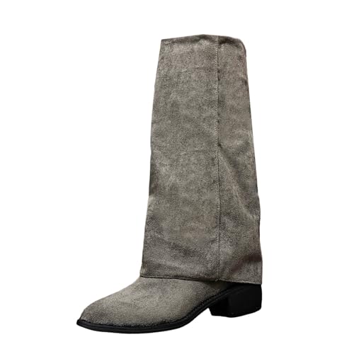 Botas De Cuero De Las Mujeres Botines Con Tacón Ancho Bajo Impermeable Zapatos De Trabajo Con Cremallera Caliente Mediados De La Mollet Botas De Lluvia Cómodas Elegantes Botines De Nieve Clásico, gris