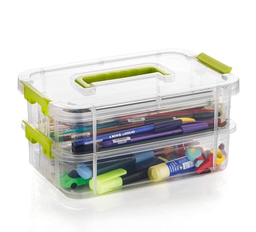 Image of Golden bird plastic boxes for Storage transparent, Space Saving Organiser with Lid Portable & Stackable for Jewelry, Beads, Crochet, Sewing, Scrapbooking DIY Craft (2 tier, Green)