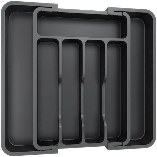 Lifewit Extendable Cutlery Drawer Organiser, Adjustable Cutlery Tray, Plastic Adjustable Kitchen Storage Dividers for Utensil Spoons Forks Knives, 7 Compartments, 23-37 x 31cm, Black