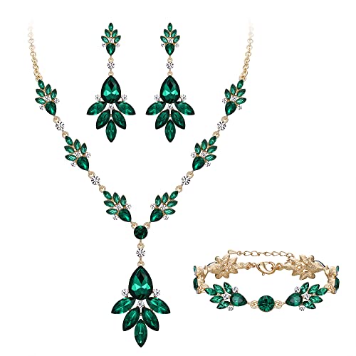 Clearine Juegos de Joyas de Mujer Boda Nupcial Lágrima Marquesa Cristal Collar Pendientes Pulsera Conjunto Regalo,Color Verde Oro-Tono