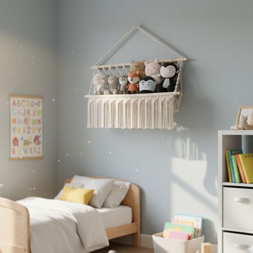 Image of Decazone Macrame Toy Hammock Organizer for Stuffed Animals | Handmade Cotton Rope Storage Net | Boho Wall Hanging Nursery Organizer | Corner Mesh Hammock for Kids Room & Home Decor (1 Tier)