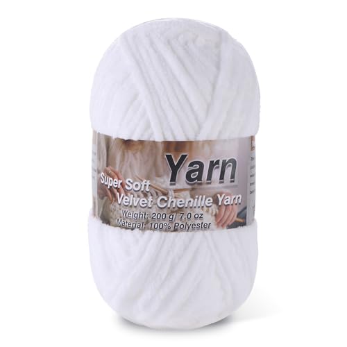 Image of Chunky Chenille Yarn for Baby Blanket Yarn for Crocheting - 7.05oz Super Soft Chenille Plush Yarn - Bulk Thick Yarns Used for Making Scarves, Blankets, Stuffed Animals, DIY Craft (White)