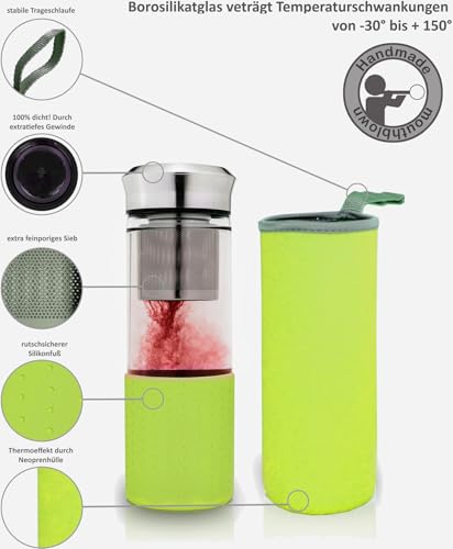 Creano Teebereiter Teamaker - Teeflasche to go aus Glas mit Sieb für losen Tee inkl. Neoprentasche | 400ml (Grün) - Image 3