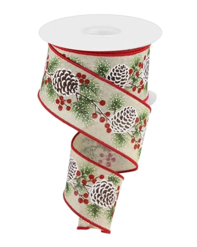 Image of Fall Decor Wired Christmas Ribbon - 2 1 /2 inch x 10 Yards, Holly Pine Cones and Mistletoe, Gift Wrapping, Wreath Decoration, Tree Topper Bow
