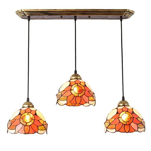 BOTOWI Lámpara Colgante de Cristal de Sol Estilo Tiffany Lámpara Pastoral de 3 Luces para Isla de Cocina Lámpara de Techo Vintage Europea para la Isla de Cocina, Comedor y Bar, E27*3,A Cover