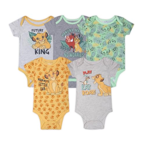 Image of Disney Mickey Mouse, Lion King, and Winnie the Pooh Baby Boys 5 Pack Bodysuits for Newborn and Infants