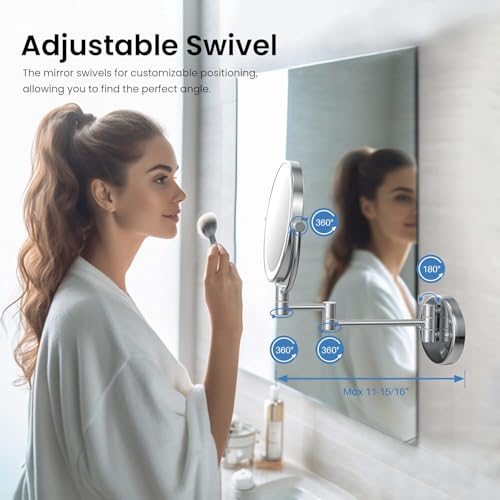 Image of Brass LED Mirror Dual Side Round Mirror for Bathroom 360 Swivel with Zoom View | Magnifying Shaving Makeup Vanity Mirror Wall Mounted (LED Chrome)