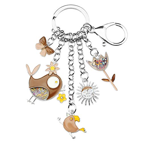 BONSNY Émail Alliage de Zinc Mignon Oiseaux Fleur Papillon Porte-Clés Bijoux pour Sac À Main des Femmes Clés de Voiture Accessoires Porte-Monnaie (Marron)
