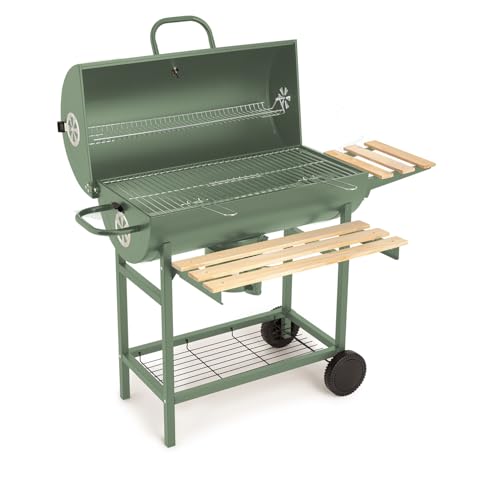 CREATE/BBQ SMOKEY/Barbacoa ahumadora de carbón con ruedas verde sage/De acero inoxidable, parrilla superior, control de temperatura, bandeja frontral y bandeja lateral, fácil de transportar