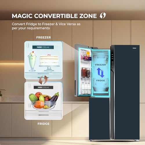 Image of Haier 598 L 3 Star Frost Free Expert Inverter Smart Sense AI enabled 3-Door Side by Side Refrigerator (HRT-683GOGU1, Grey Onyx Glass, Magic Convertible Zone, Premium Vogue Glass, 2026 Model)